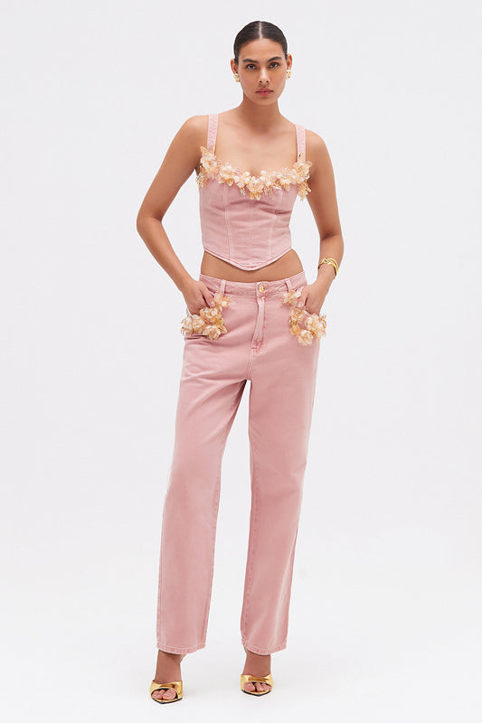 CALÇA ROSE FLOWER DENIM ROSA