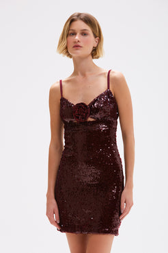 VESTIDO CURTO PAETE BORDEAUX VERMELHO ESCURO