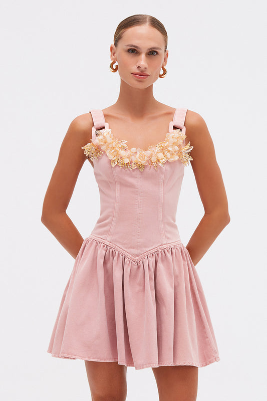 VESTIDO CURTO ROSE FLOWER DENIM  ROSA