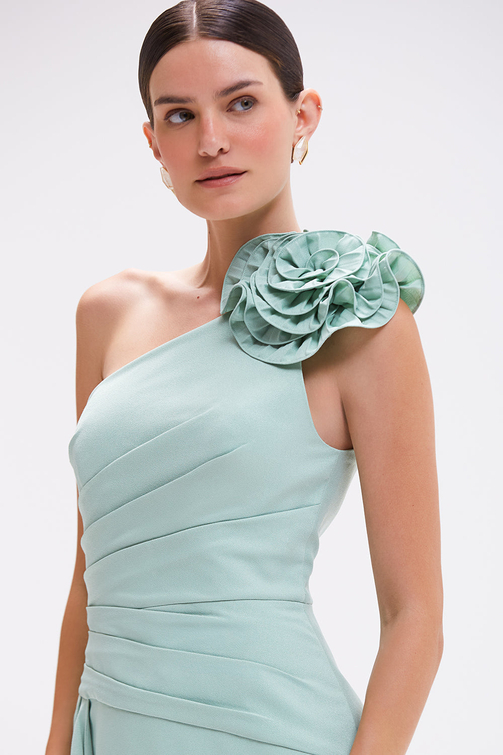VESTIDO LONGO CREPE PETALS VERDE CLARO