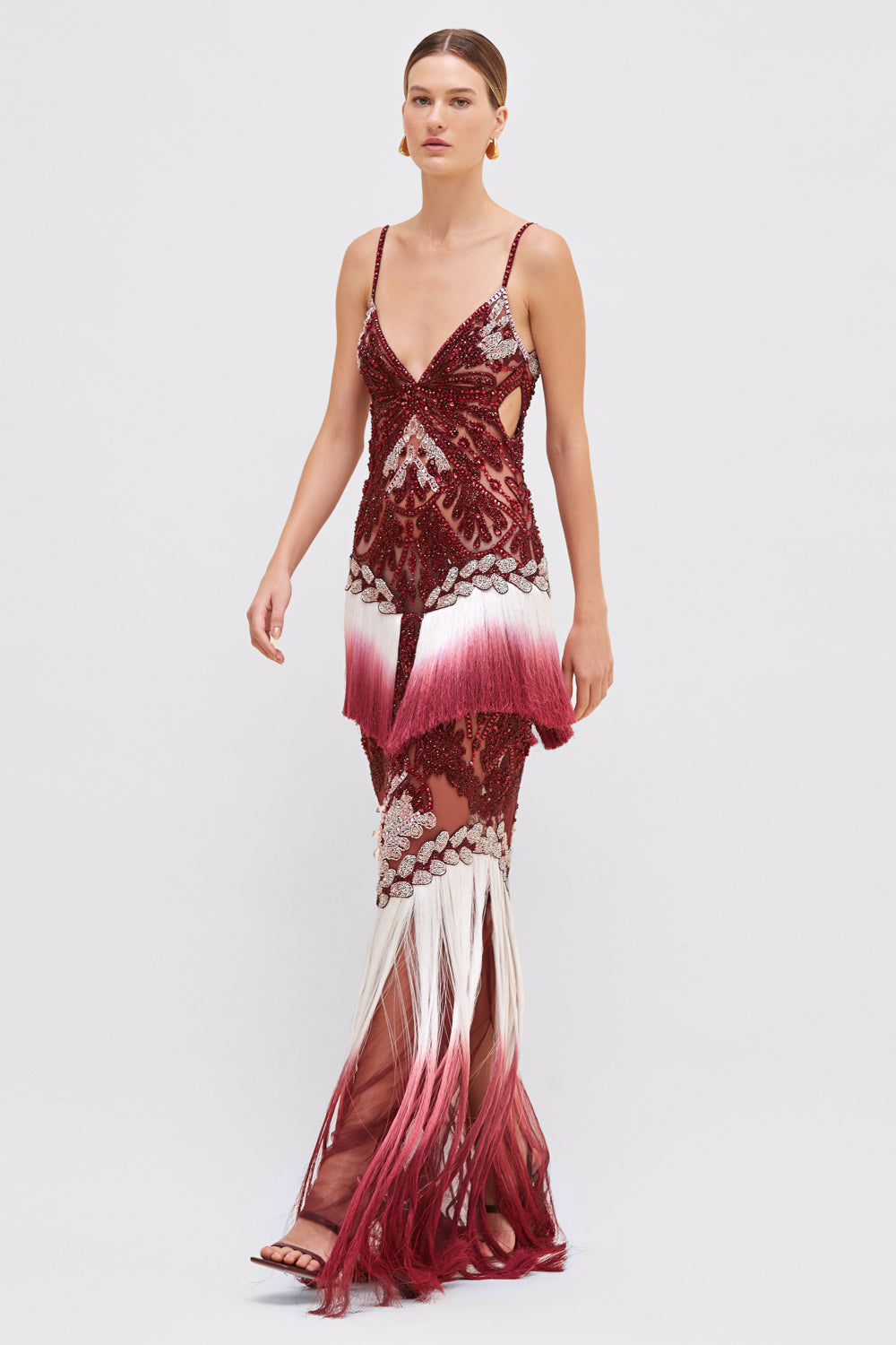 VESTIDO LONGO BORDEAUX FRINGE VERMELHO ESCURO