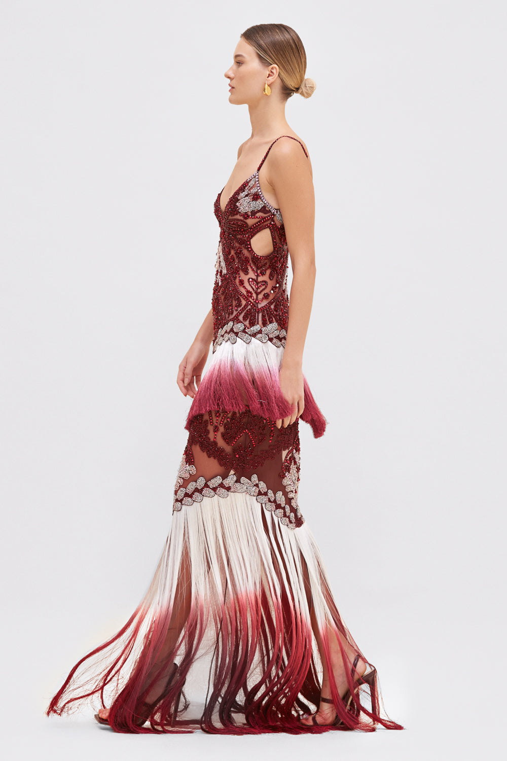 VESTIDO LONGO BORDEAUX FRINGE VERMELHO ESCURO