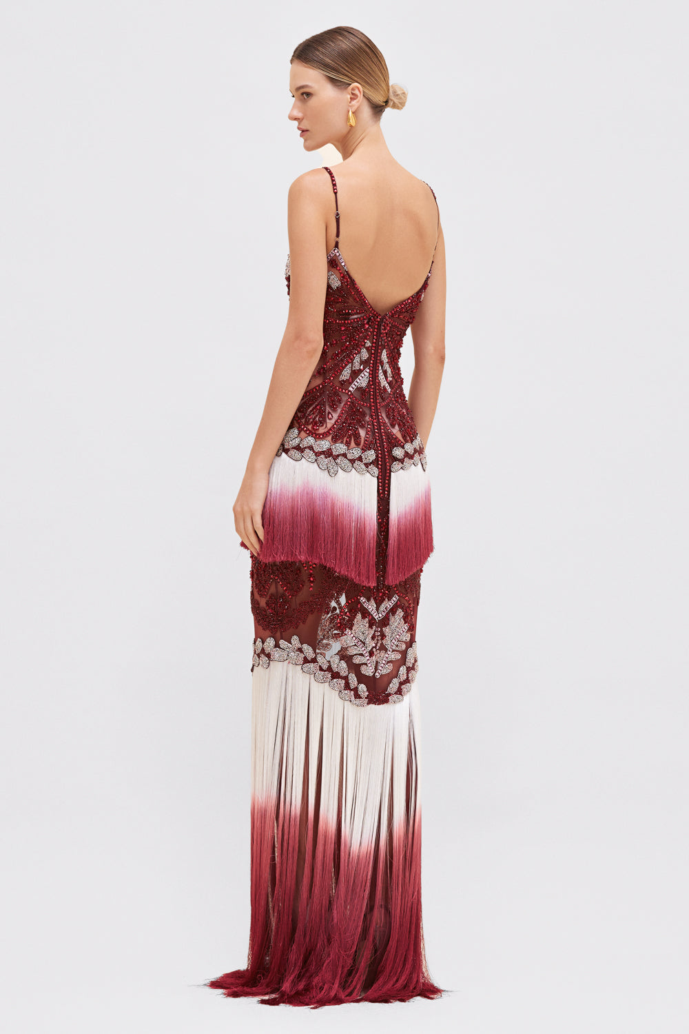 VESTIDO LONGO BORDEAUX FRINGE VERMELHO ESCURO