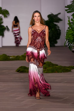 VESTIDO LONGO BORDEAUX FRINGE VERMELHO ESCURO