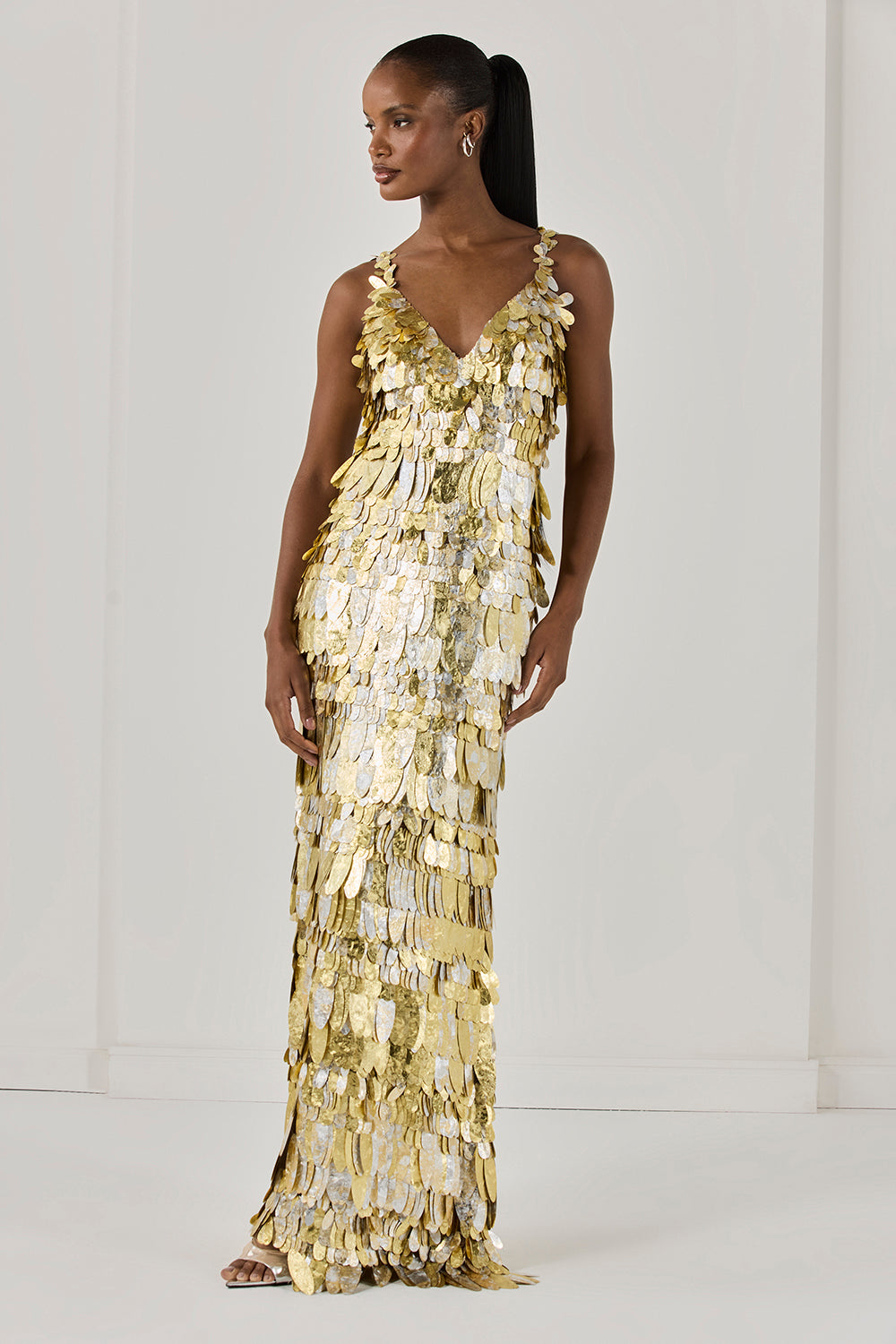 VESTIDO LONGO PAETÊ PRATA E DOURADO