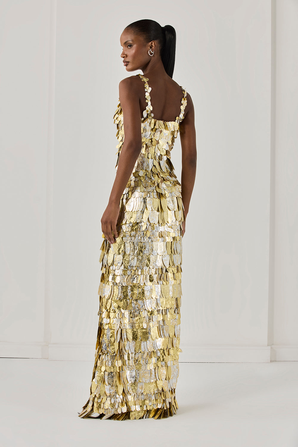VESTIDO LONGO PAETÊ PRATA E DOURADO