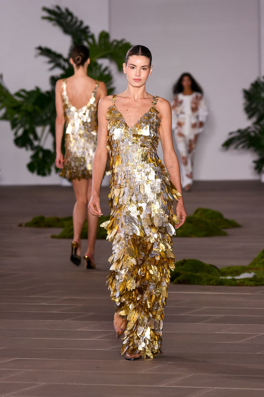 VESTIDO LONGO PAETÊ PRATA E DOURADO
