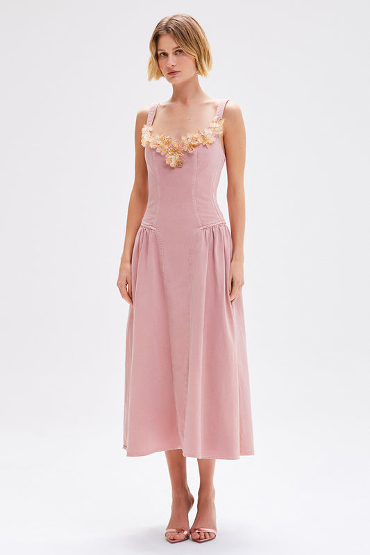 VESTIDO MIDI ROSE FLOWER DENIM ROSA