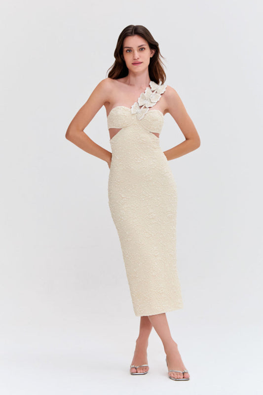 VESTIDO MIDI PAPILON JACQUARD  BEGE