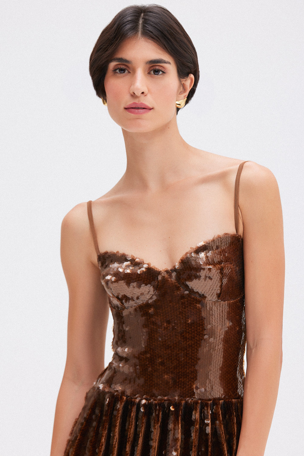 VESTIDO MÍDI PAETÊ CELESTIAL MARROM