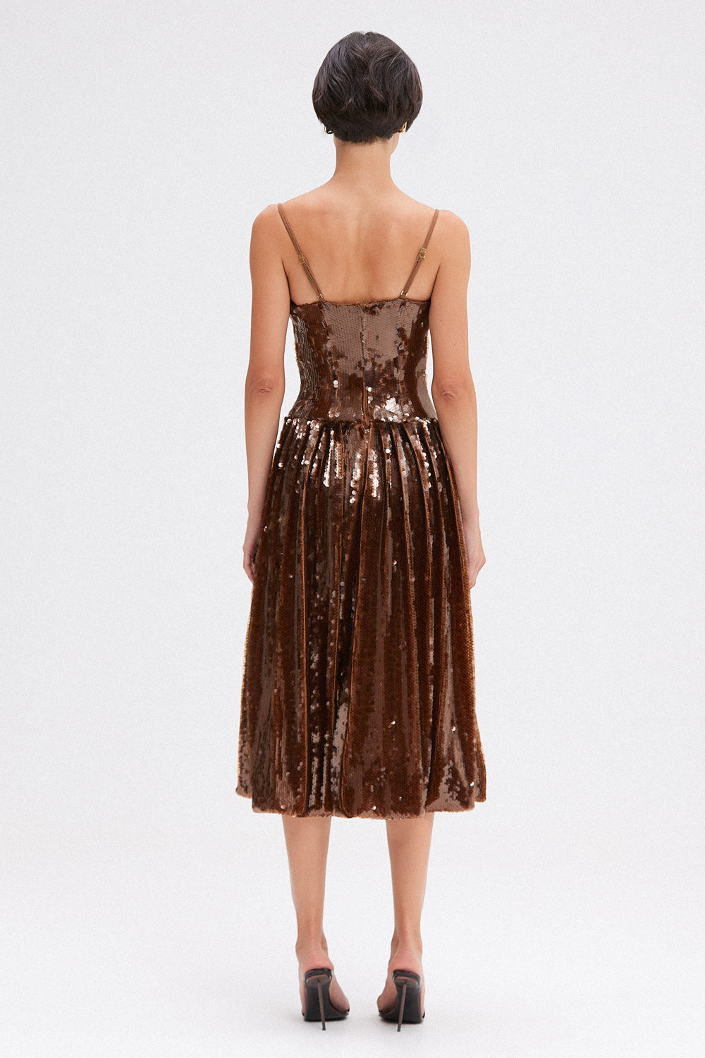 VESTIDO MÍDI PAETÊ CELESTIAL MARROM