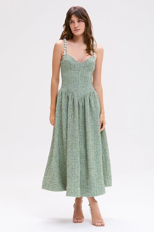 VESTIDO MIDI CRYSTAL TWEED VERDE
