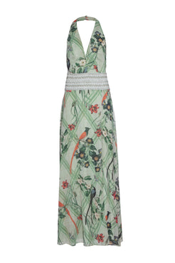 VESTIDO LONGO FRENTE ÚNICA ESTAMPADO VERDE CLARO