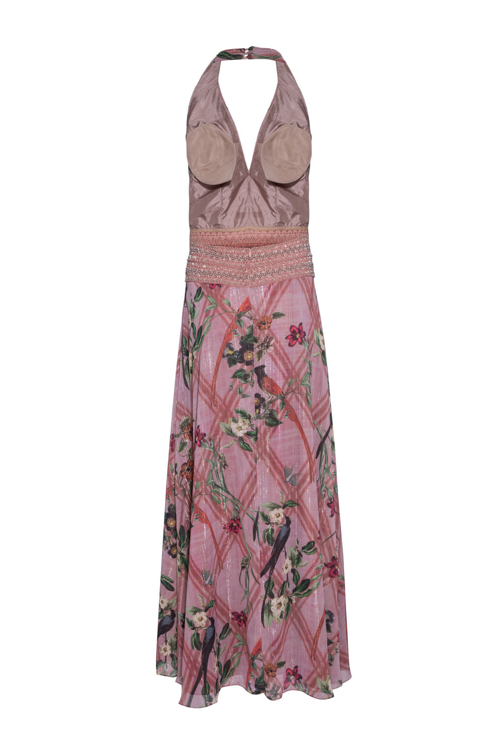 VESTIDO LONGO FRENTE ÚNICA ESTAMPADO ROSA SECO