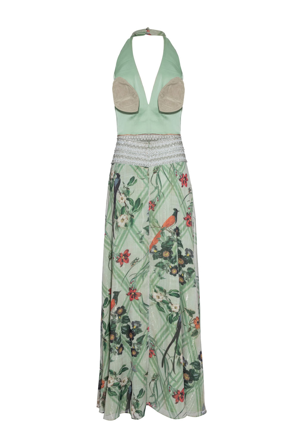 VESTIDO LONGO FRENTE ÚNICA ESTAMPADO VERDE CLARO