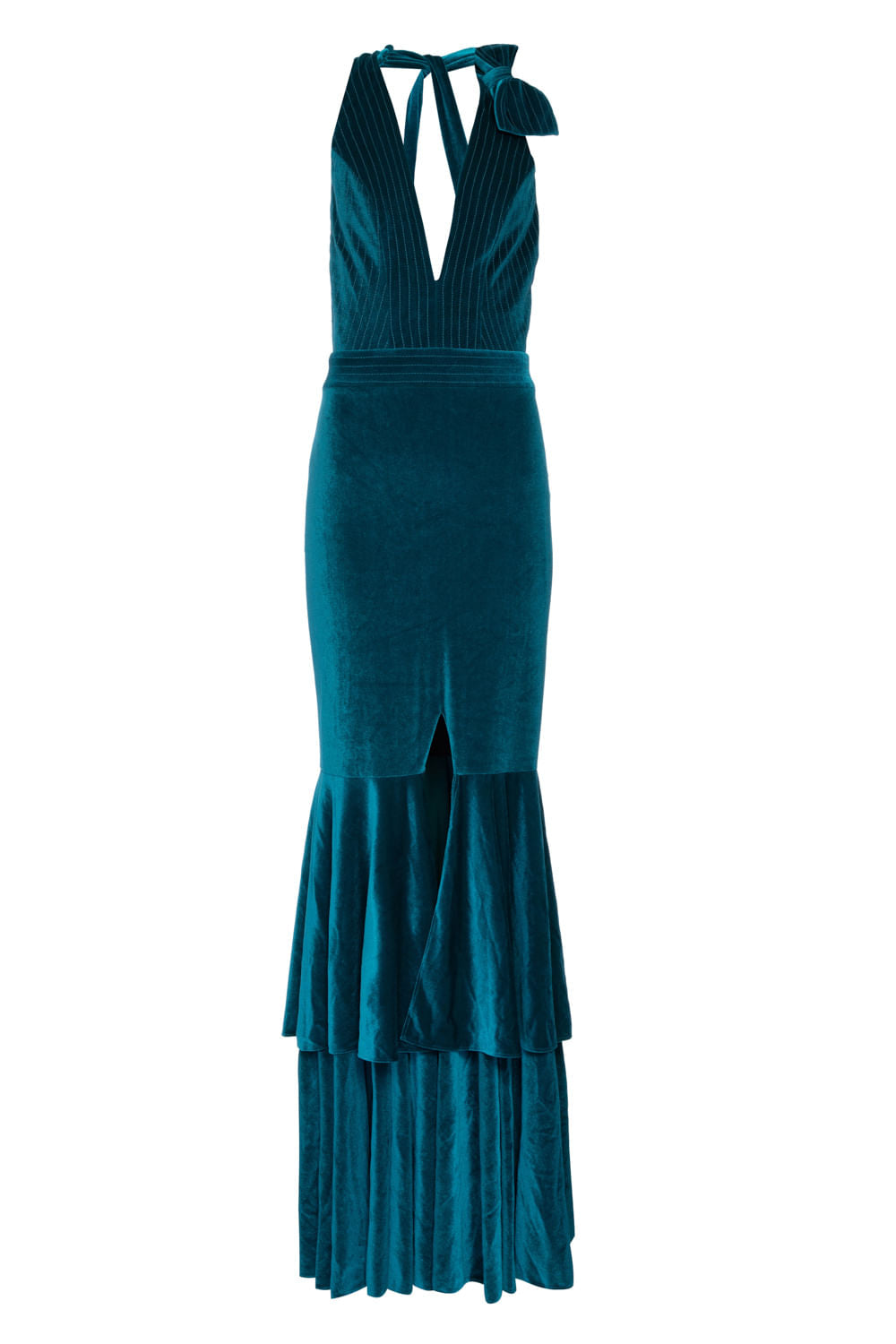 VESTIDO LONGO VELUDO FRENTE ÚNICA AZUL