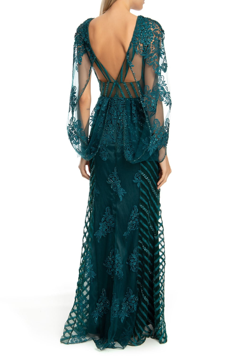 VESTIDO LONGO BORDADO MANGAS TULE PETROLEO