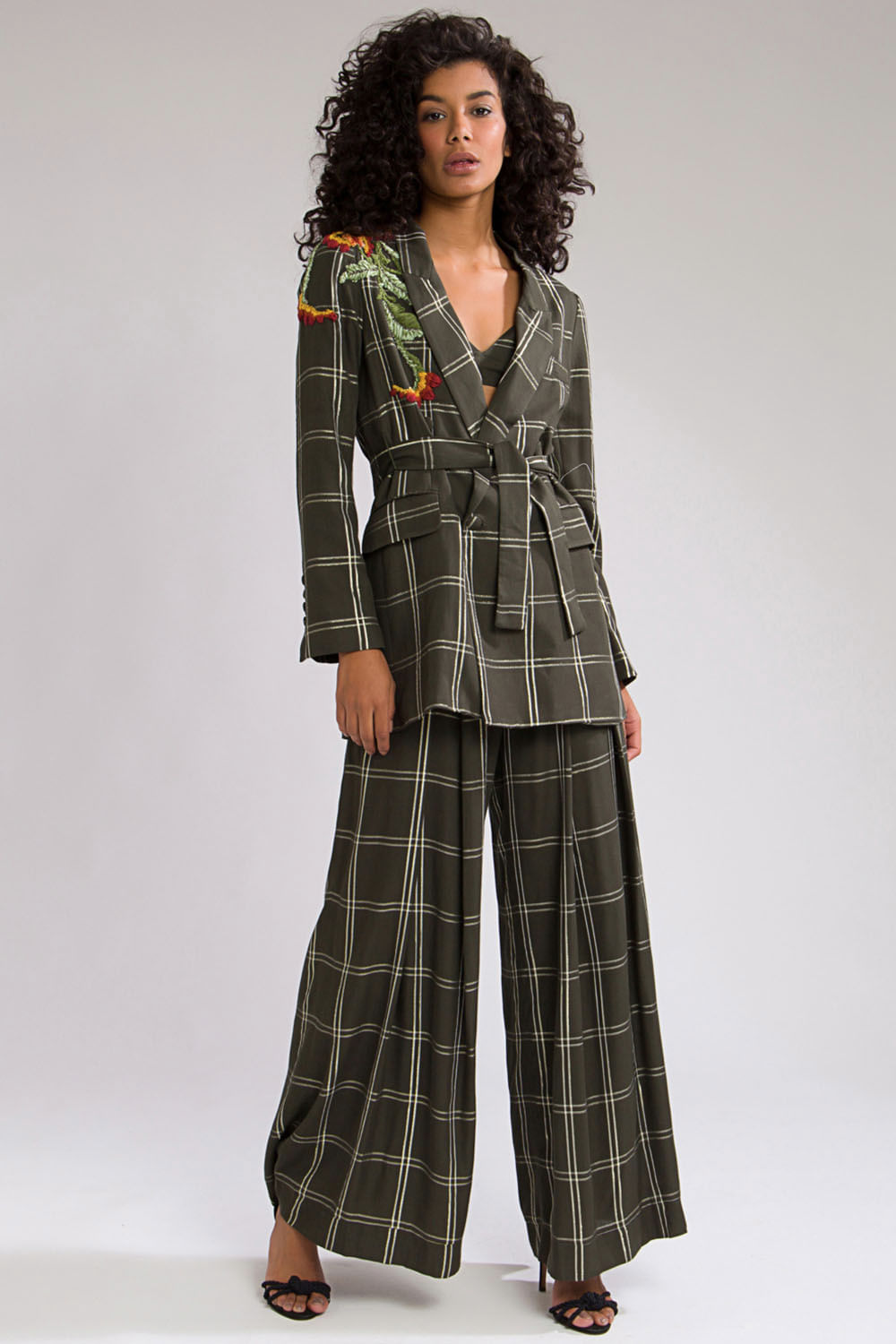 Blazer xadrez bordado manga longa verde escuro