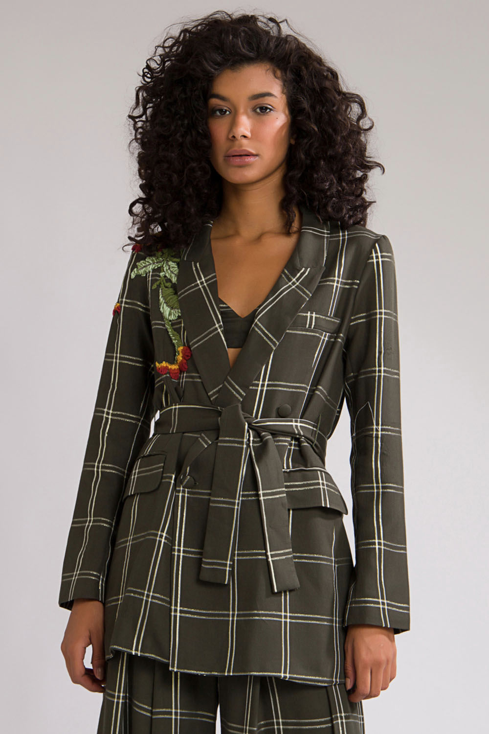 Blazer xadrez bordado manga longa verde escuro