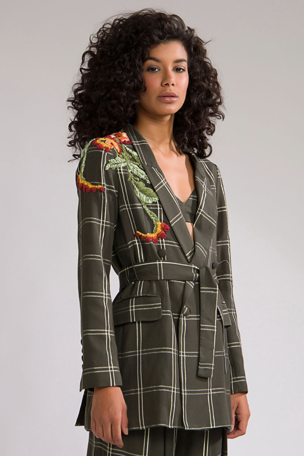 Blazer xadrez bordado manga longa verde escuro