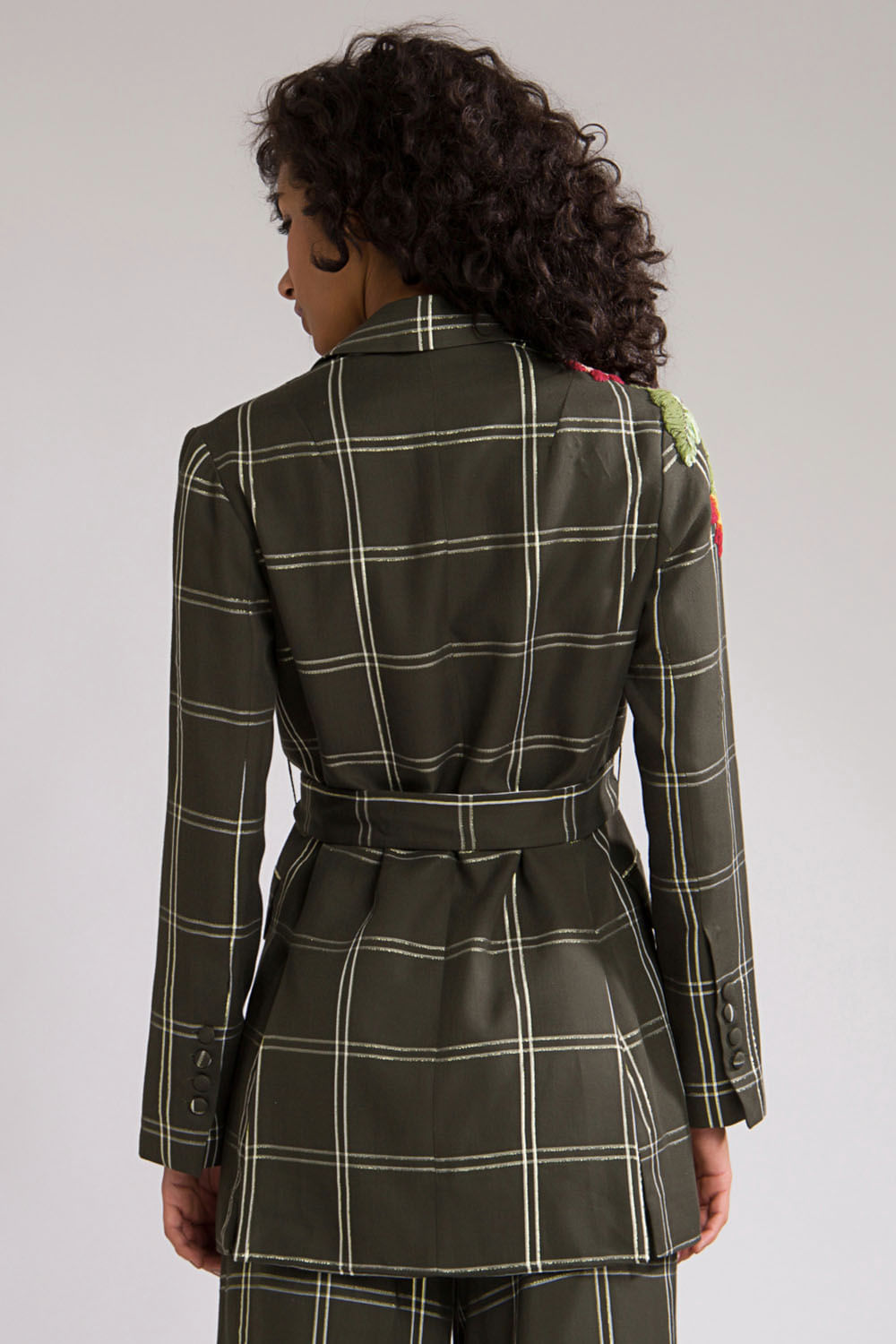 Blazer xadrez bordado manga longa verde escuro