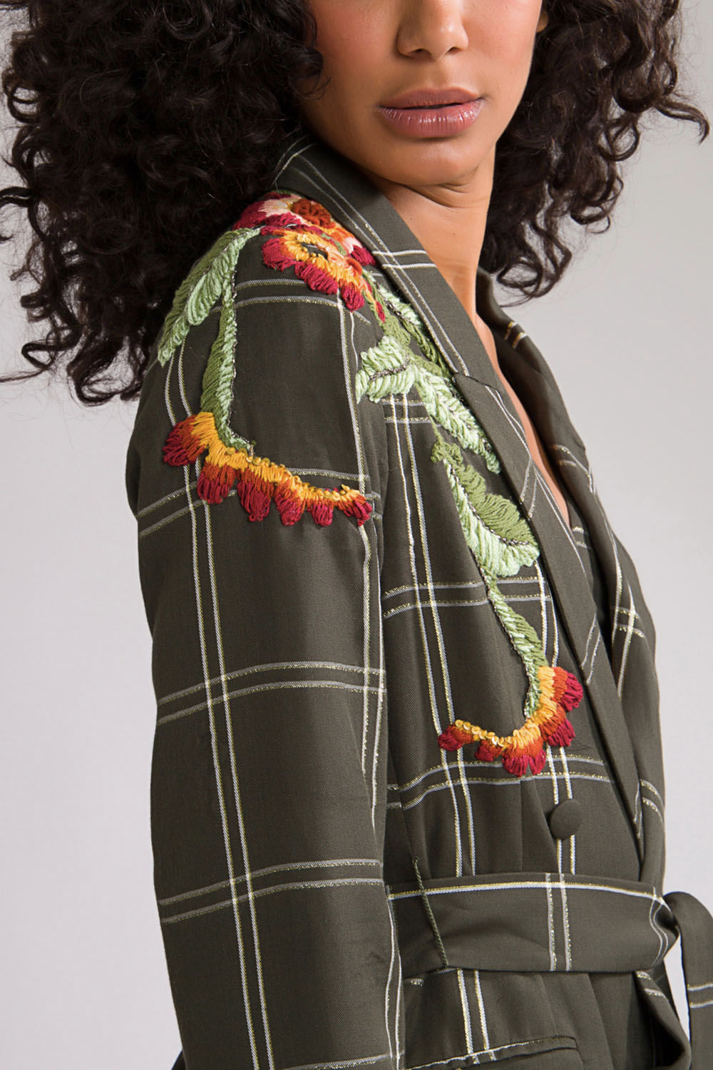 BLAZER XADREZ BORDADO MANGA LONGA VERDE ESCURO