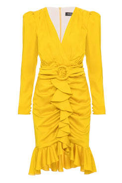 Vestido curto cetim argola franzido amarelo
