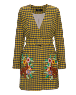 Vestido curto xadrez transpassado amarelo