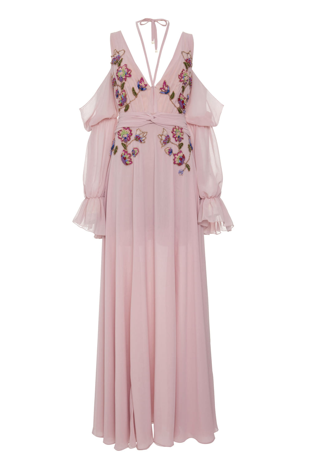 VESTIDO LONGO RECORTE OMBRO ROSA