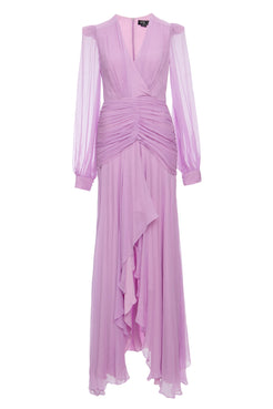 VESTIDO LONGO DRAPEADO OMBREIRAS LILAS