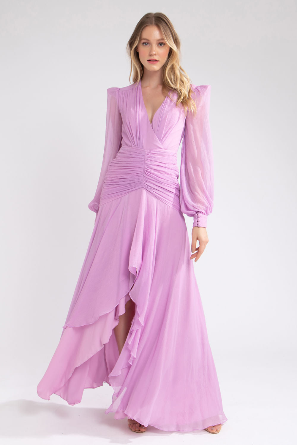 VESTIDO LONGO DRAPEADO OMBREIRAS LILAS