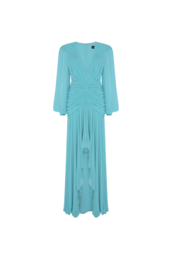 VESTIDO LONGO DRAPEADO OMBREIRAS VERDE AGUA