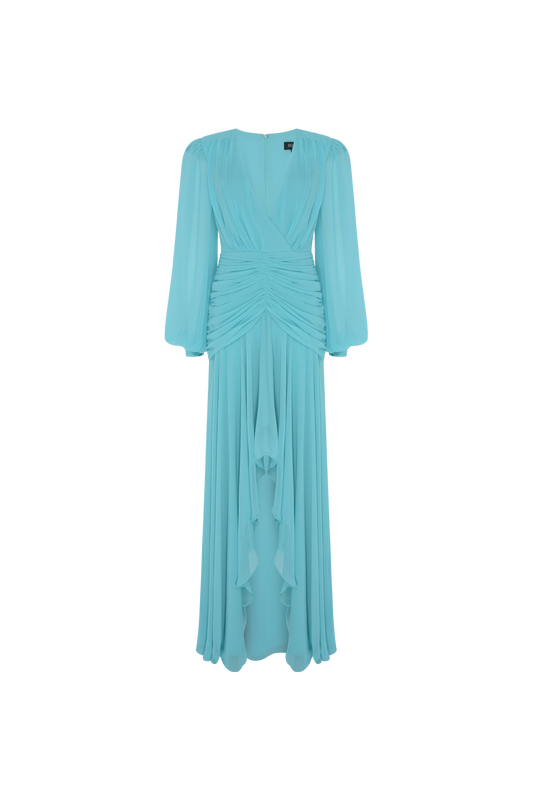 VESTIDO LONGO DRAPEADO OMBREIRAS VERDE AGUA