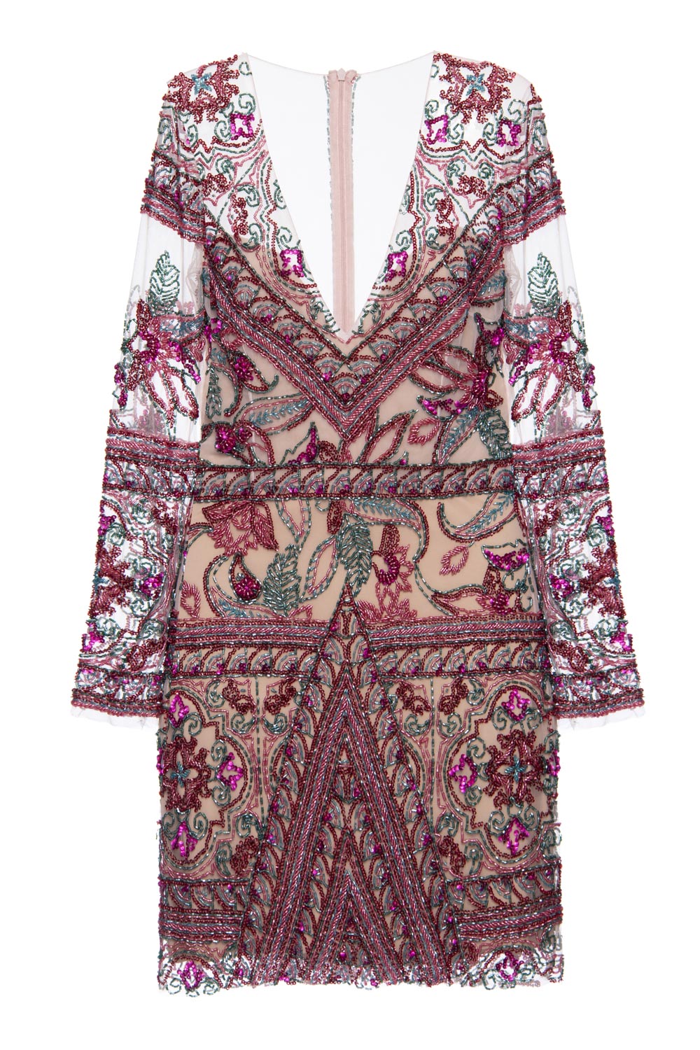 VESTIDO CURTO MANGA TULE BORDADO NUDE COM PINK