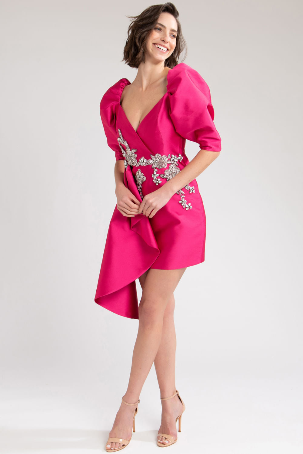 VESTIDO CURTO PALA CINTURA BORDADO ROSA