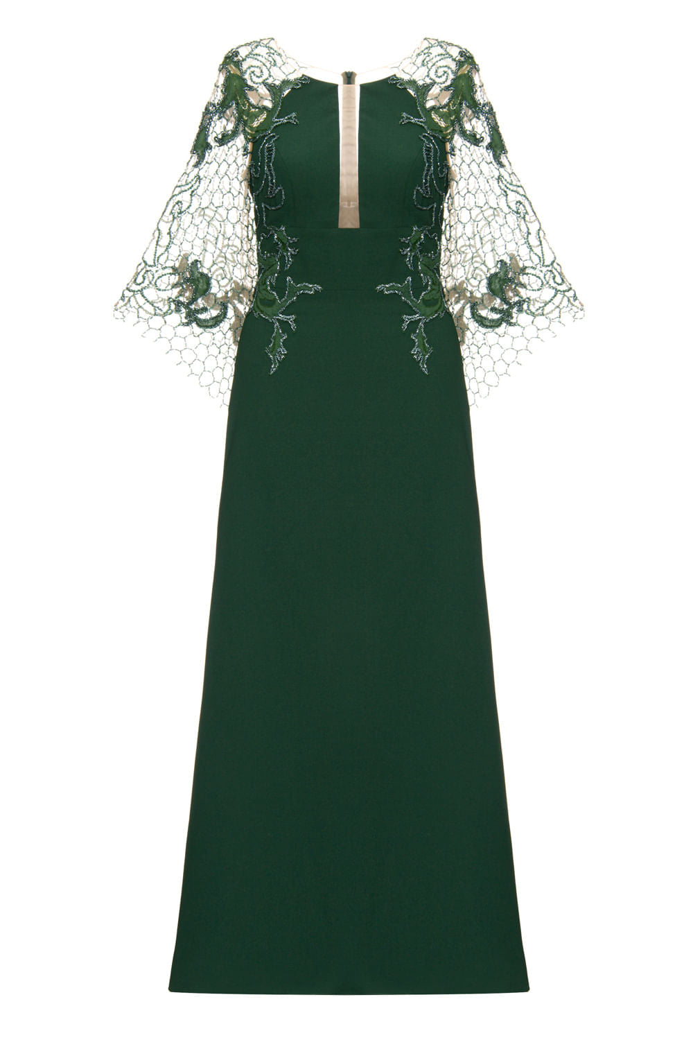 VESTIDO LONGO MANGA TULE BORDADO VERDE ESCURO