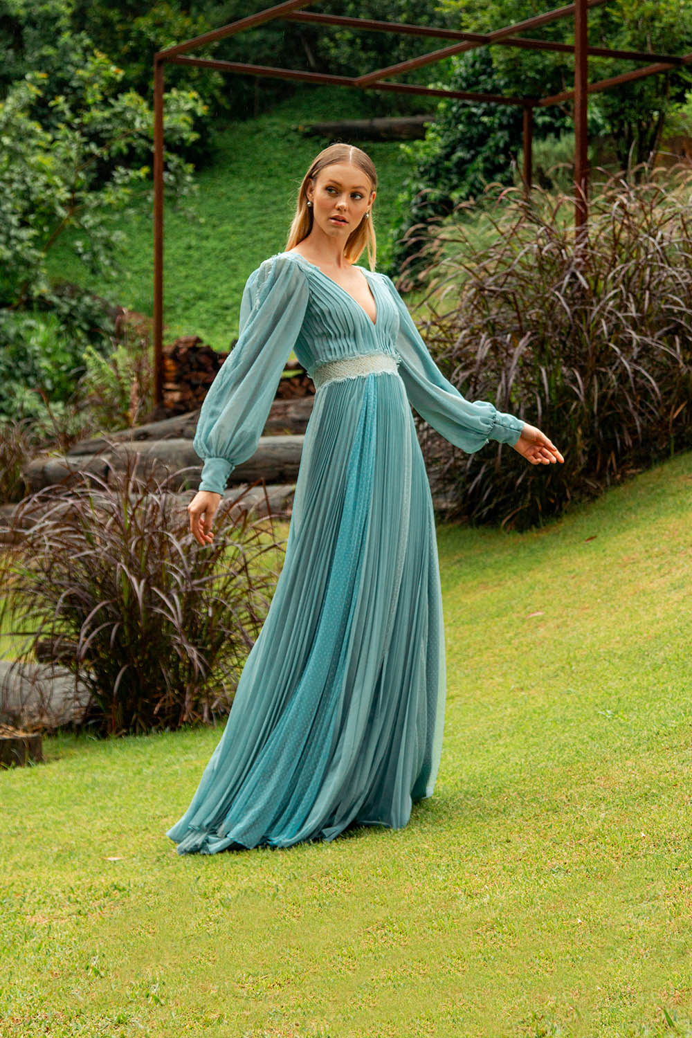 VESTIDO LONGO TRANSPARÊNCIA POÁ AZUL