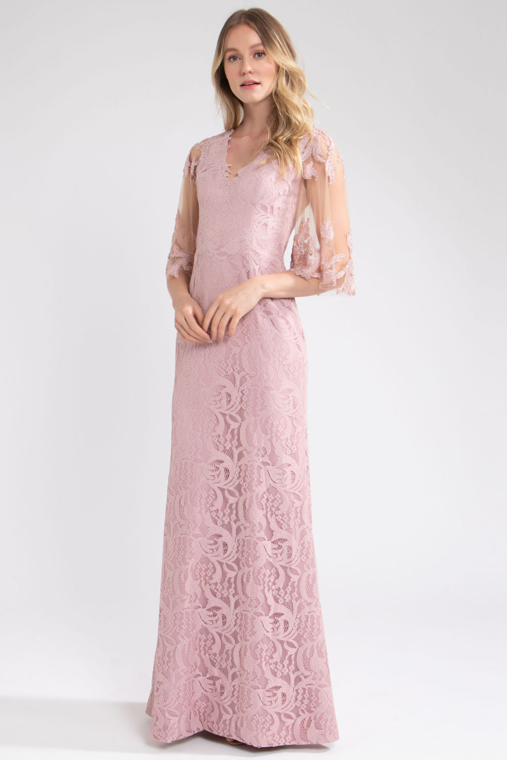 VESTIDO LONGO MANGA AMPLA TULE BORDADO LILAS