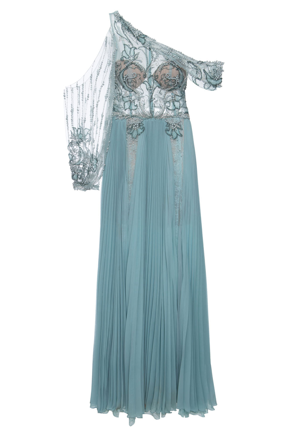 VESTIDO MANGA ÚNICA TULE BORDADO AZUL