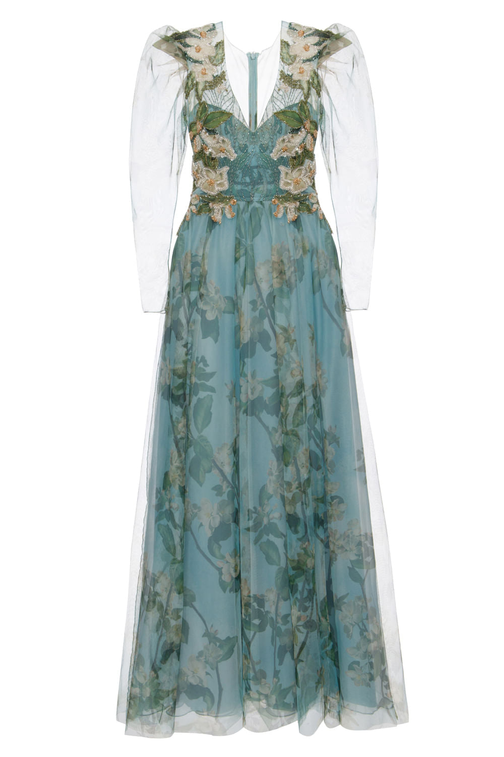 VESTIDO LONGO MANGA TULE DIANE AZUL