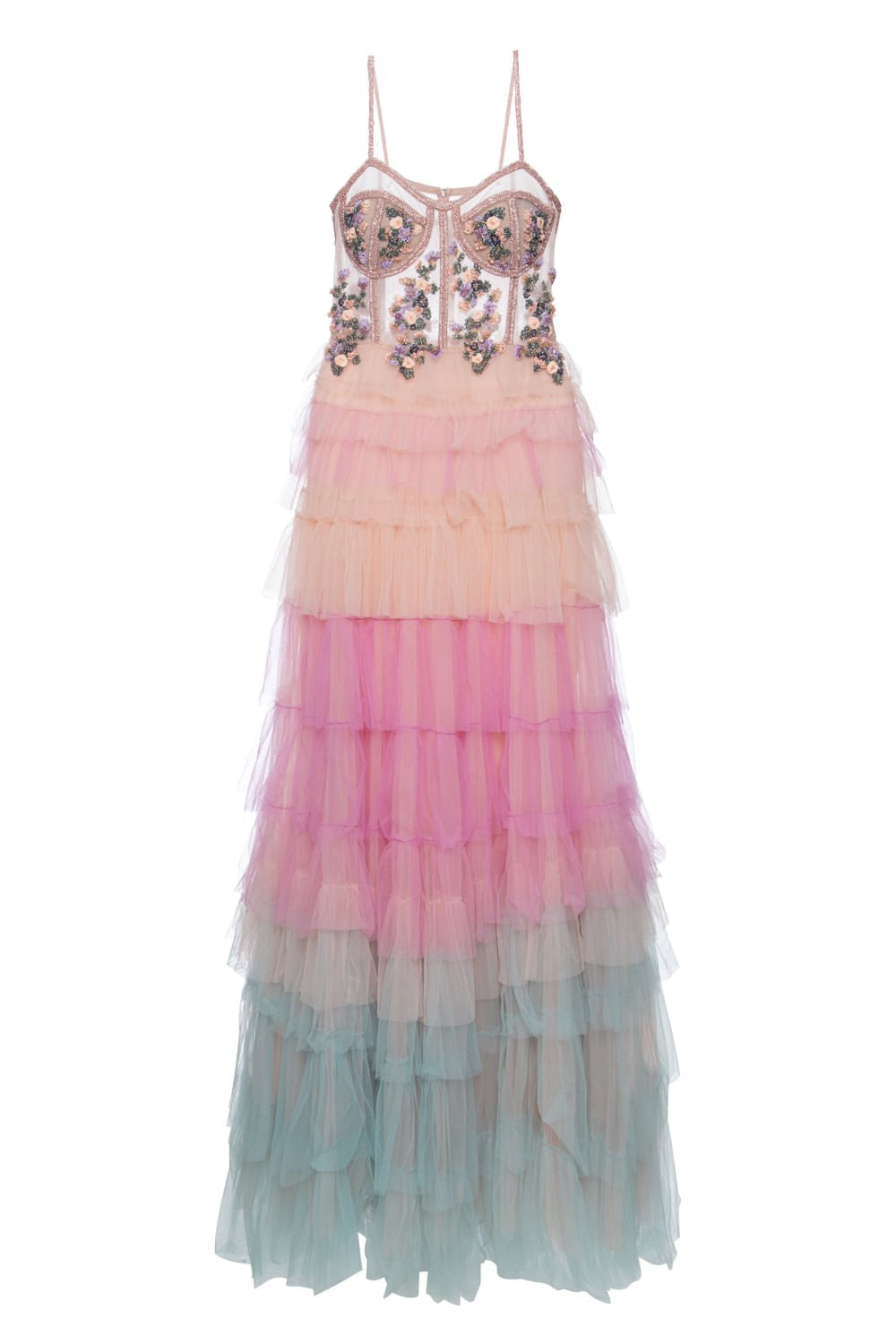 VESTIDO BORDADO TULE CAMADAS TRICOLOR COLORIDO