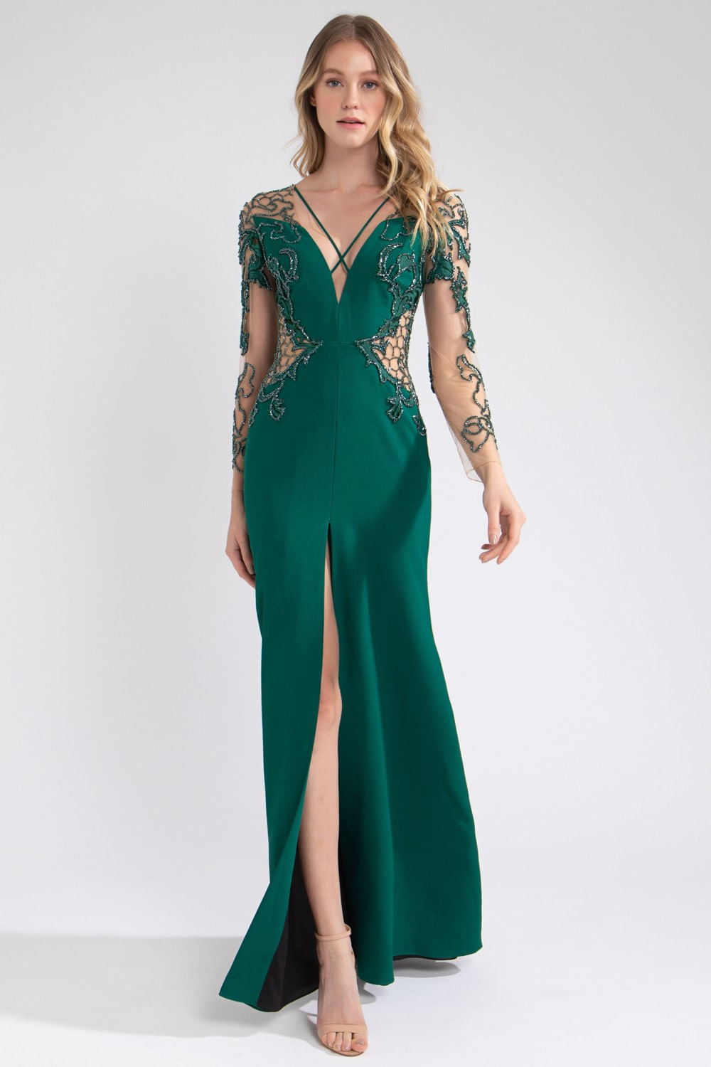 VESTIDO LONGO RECORTES MANGAS TULE BORDADO VERDE