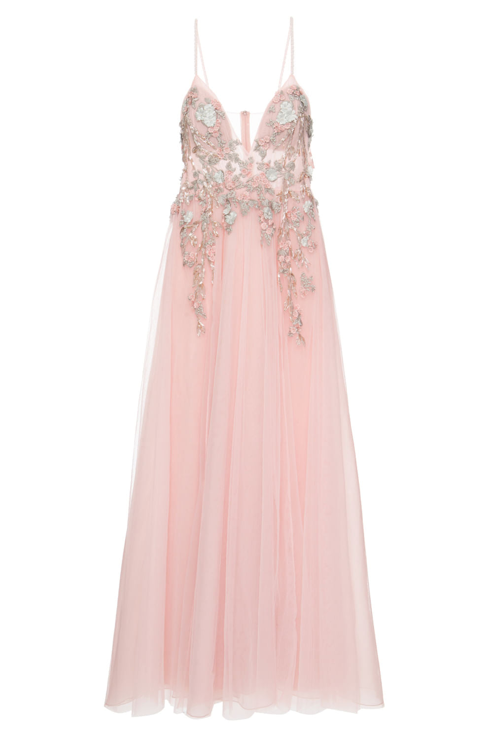 VESTIDO LONGO TULE BORDADO FLORES CANUTILHO ROSA
