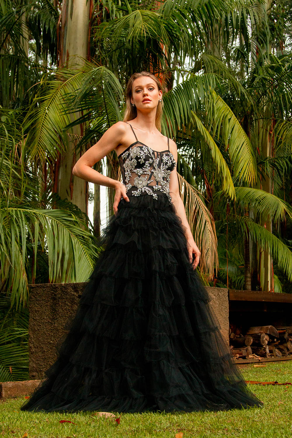 VESTIDO LONGO CORSET BORDADO TULE PRETO