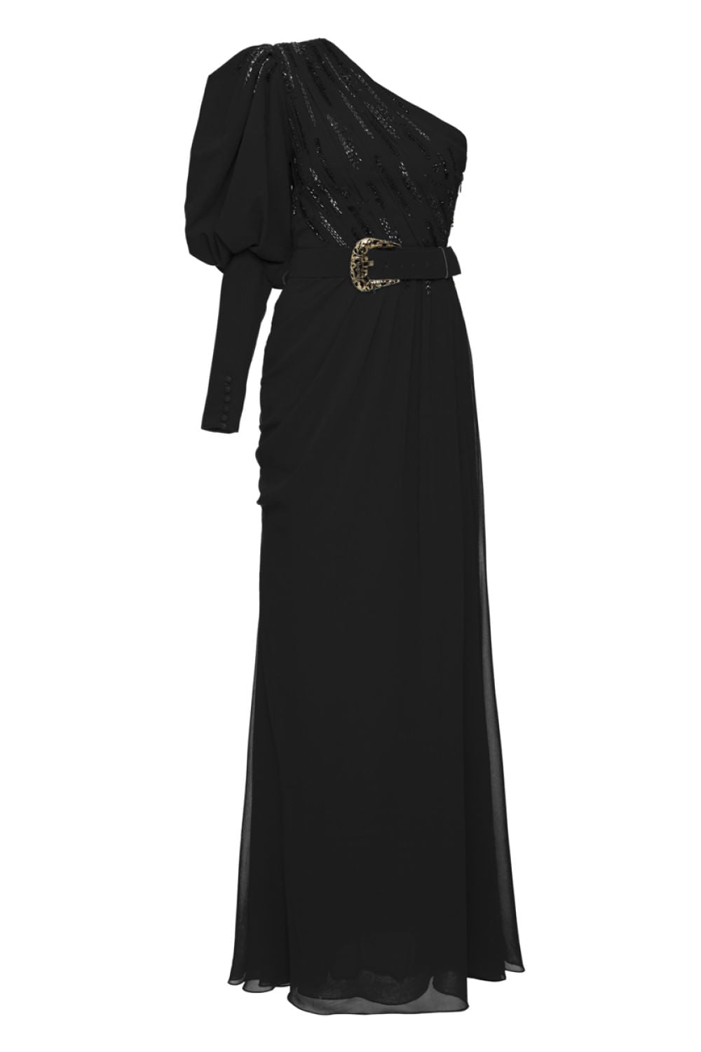 VESTIDO OMBRO ÚNICO MANGA BUFANTE PRETO