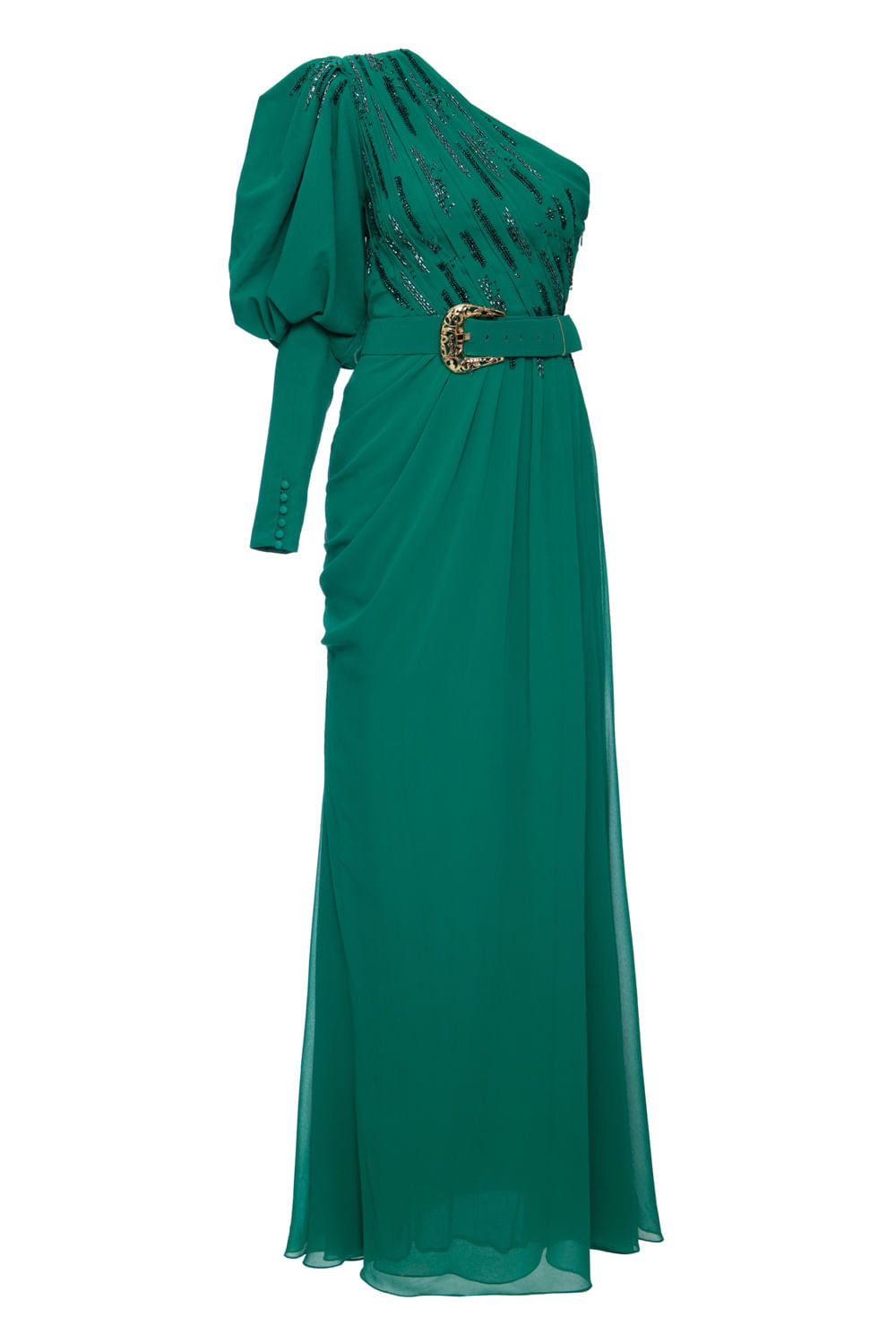 Vestido ombro único manga bufante verde