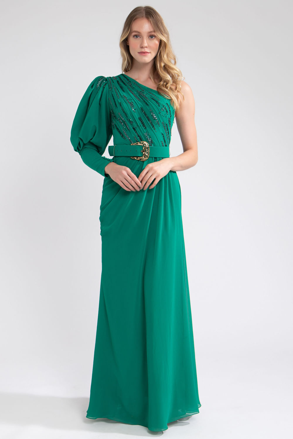 Vestido ombro único manga bufante verde