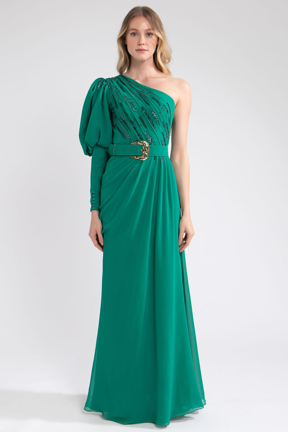 Vestido ombro único manga bufante verde