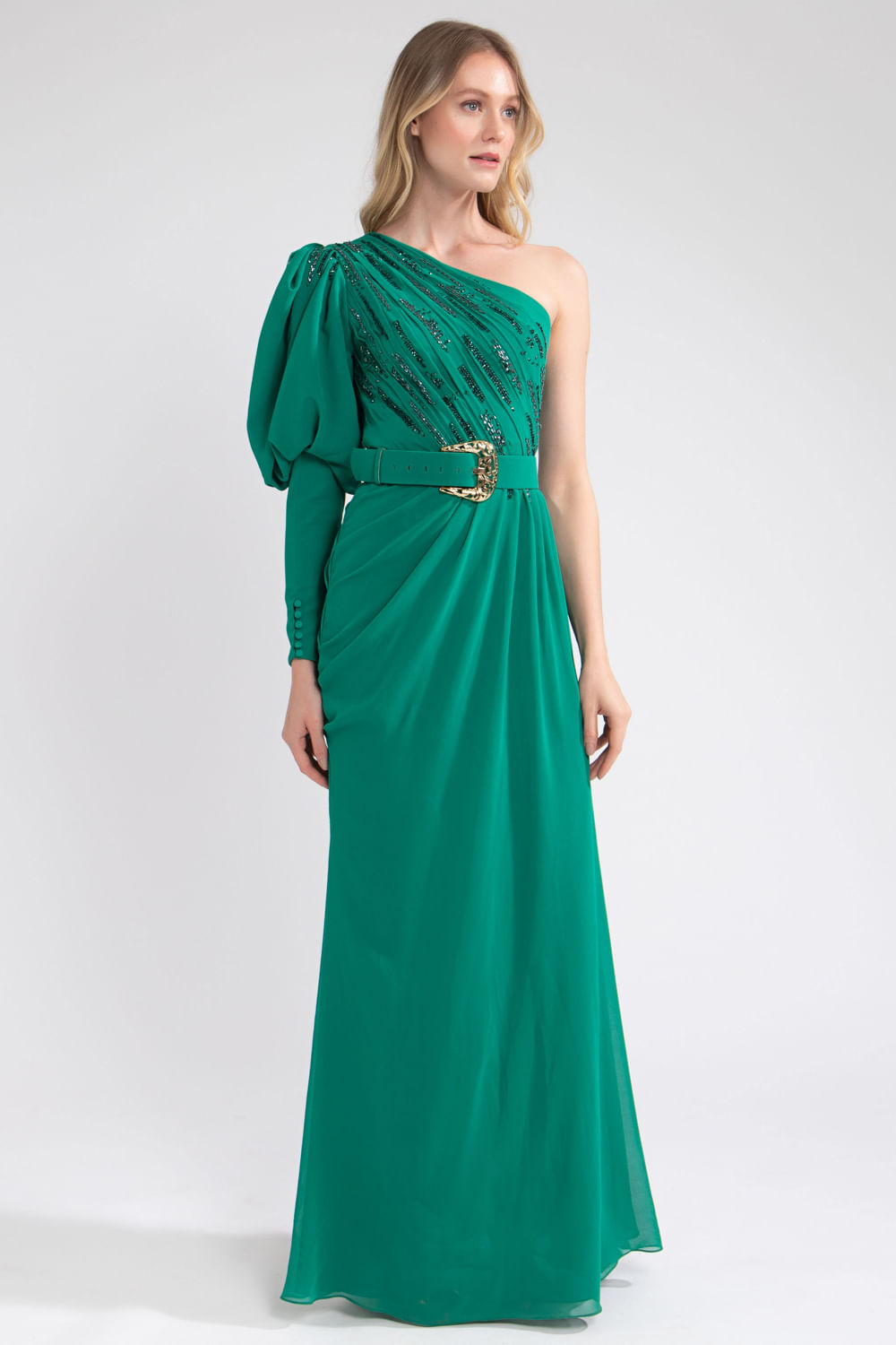 Vestido ombro único manga bufante verde