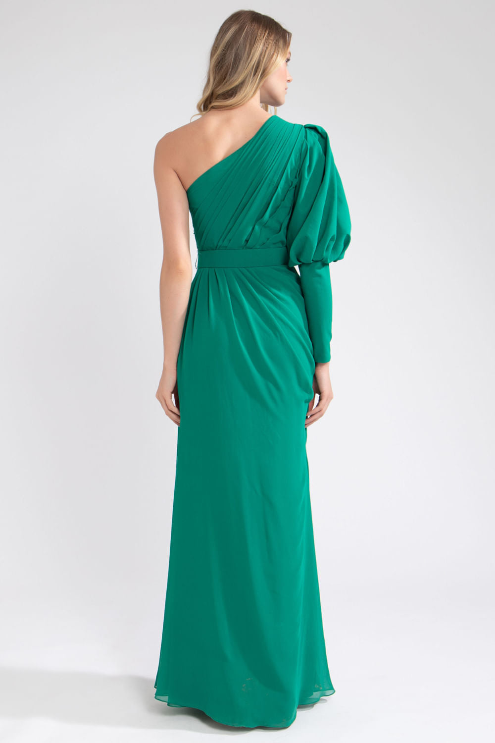 Vestido ombro único manga bufante verde